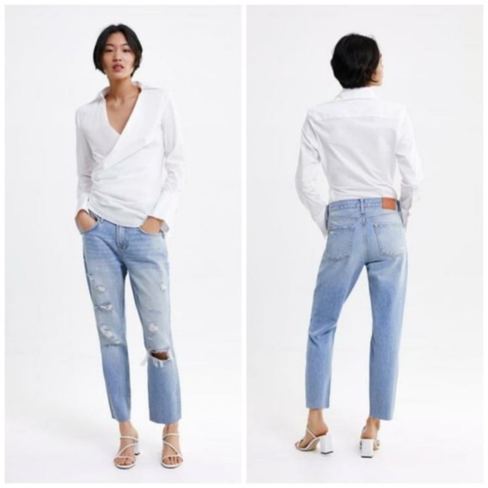 Zara Cigarette Distressed Denim Jeans | Sunrise Blue | Size USA 6 | Lightly Worn